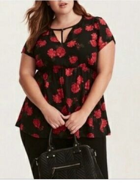 torrid Black Floral V-Neck Tunic with Bright Pink Roses